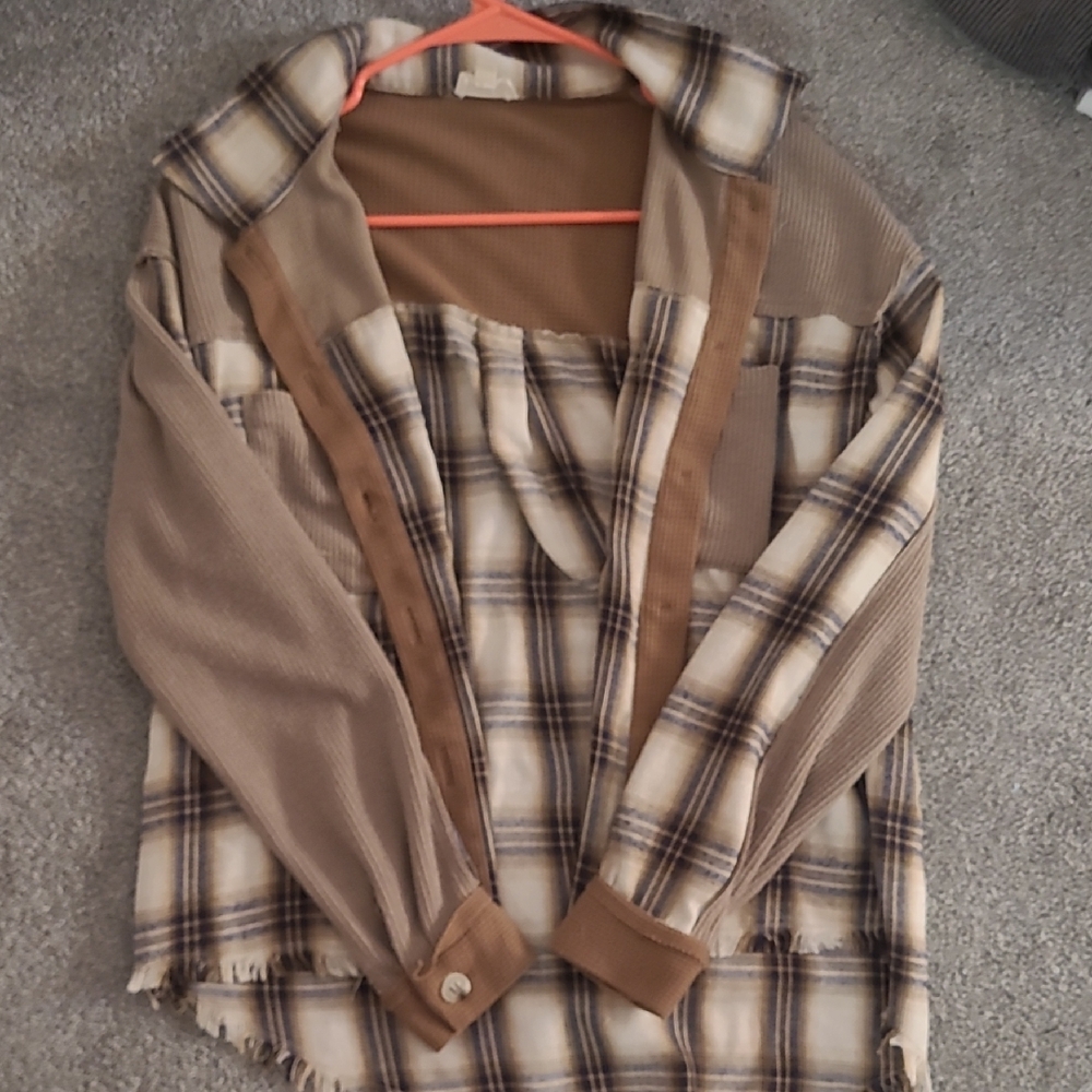 Hem & Thread Plaid Shirt Jacket in Brown and Cream